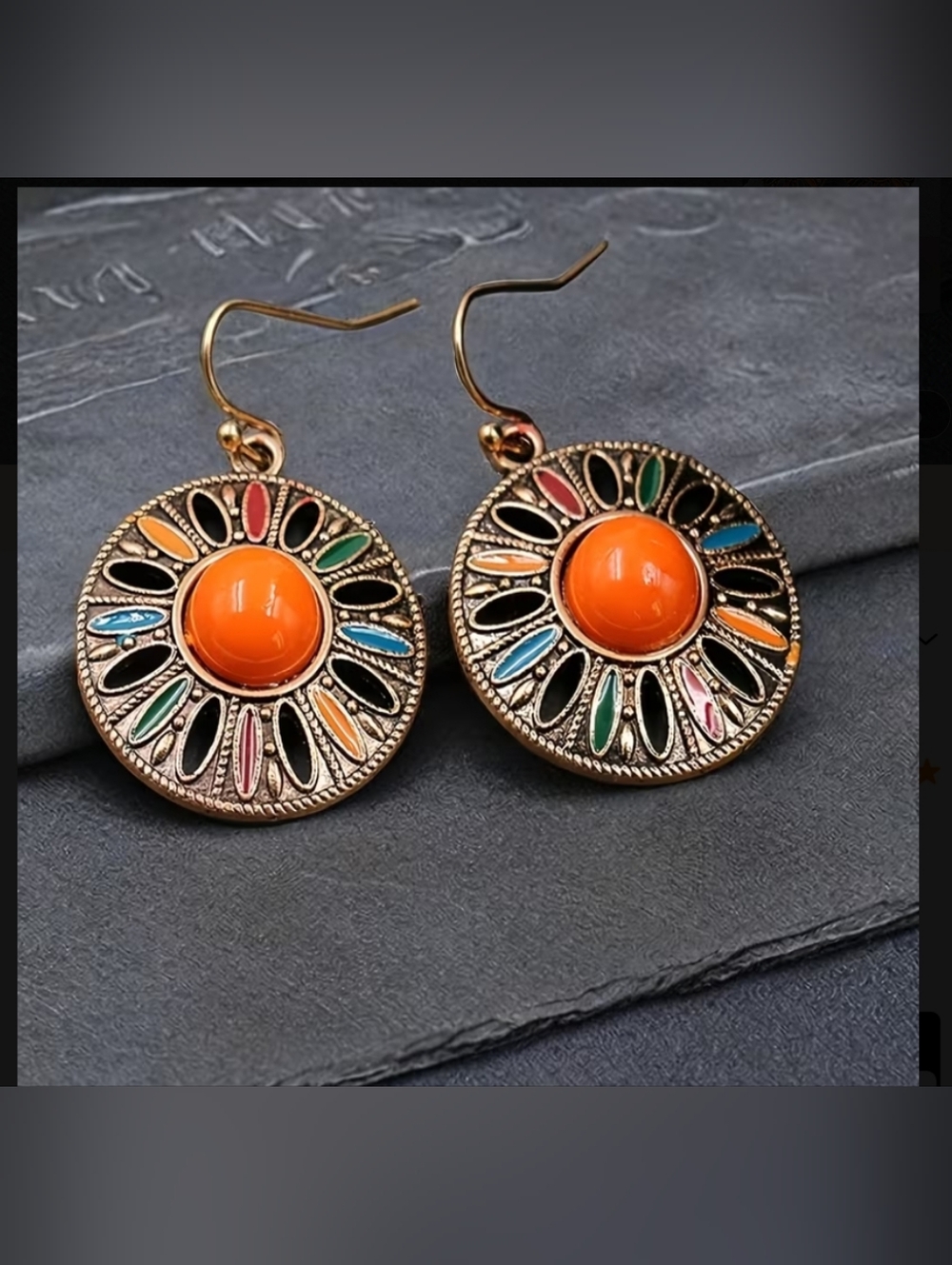 Gold-Tone Multicolor Sunburst Drop Earrings with Orange Center